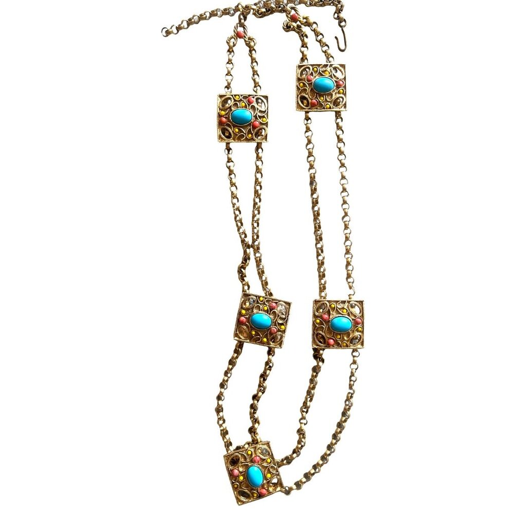 Vintage Egyptian Revival Gold Tone Chain Belt Turquoise Yellow Coral Cabochons